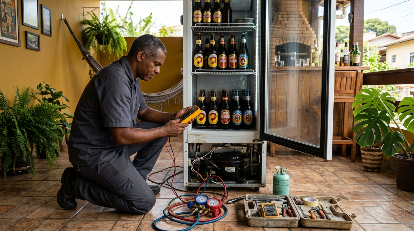Placa eletrônica de cervejeira em reparo na bancada em Canoas‑RS