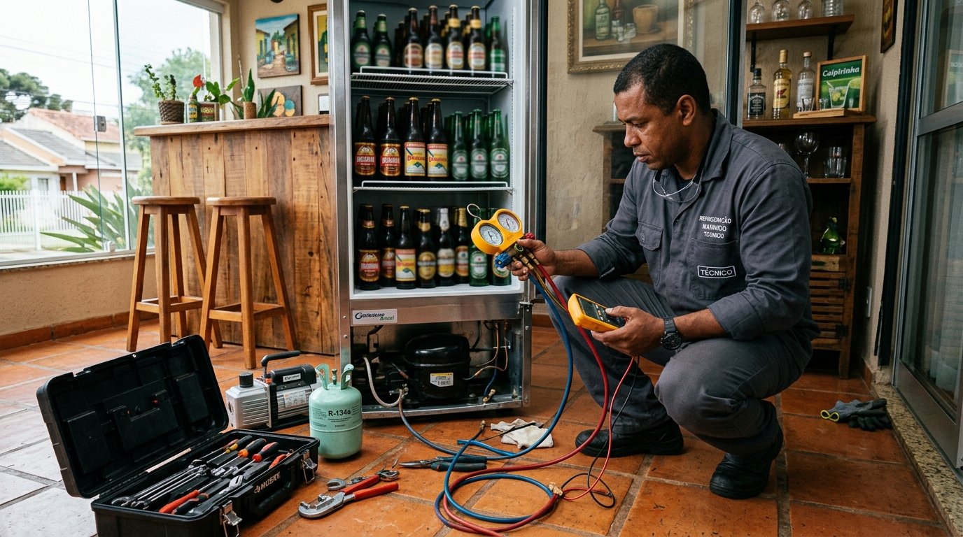 Técnico conferindo a temperatura de uma cervejeira durante atendimento em Canoas‑RS