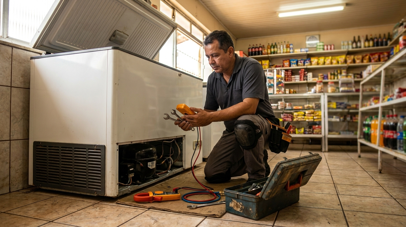 Técnico avaliando um freezer vertical durante atendimento em Canoas‑RS