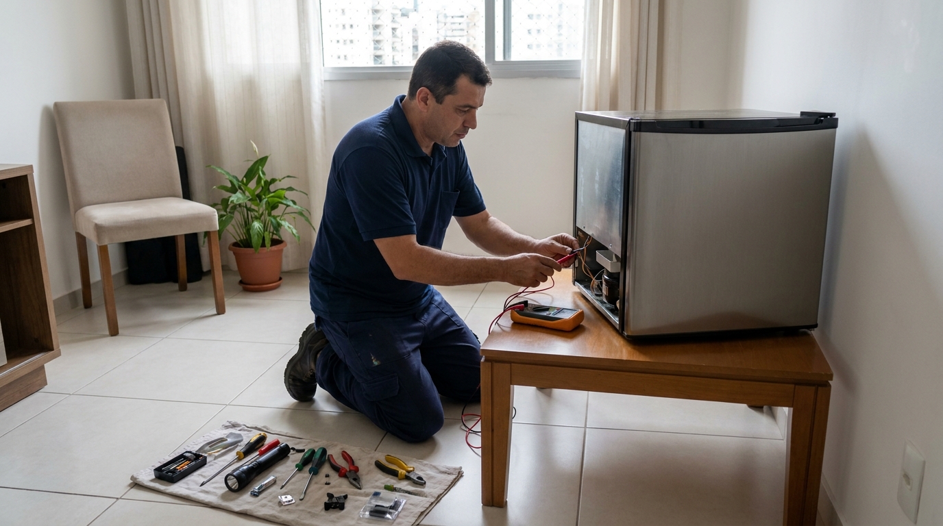 Técnico avaliando um frigobar compacto durante atendimento em Canoas‑RS